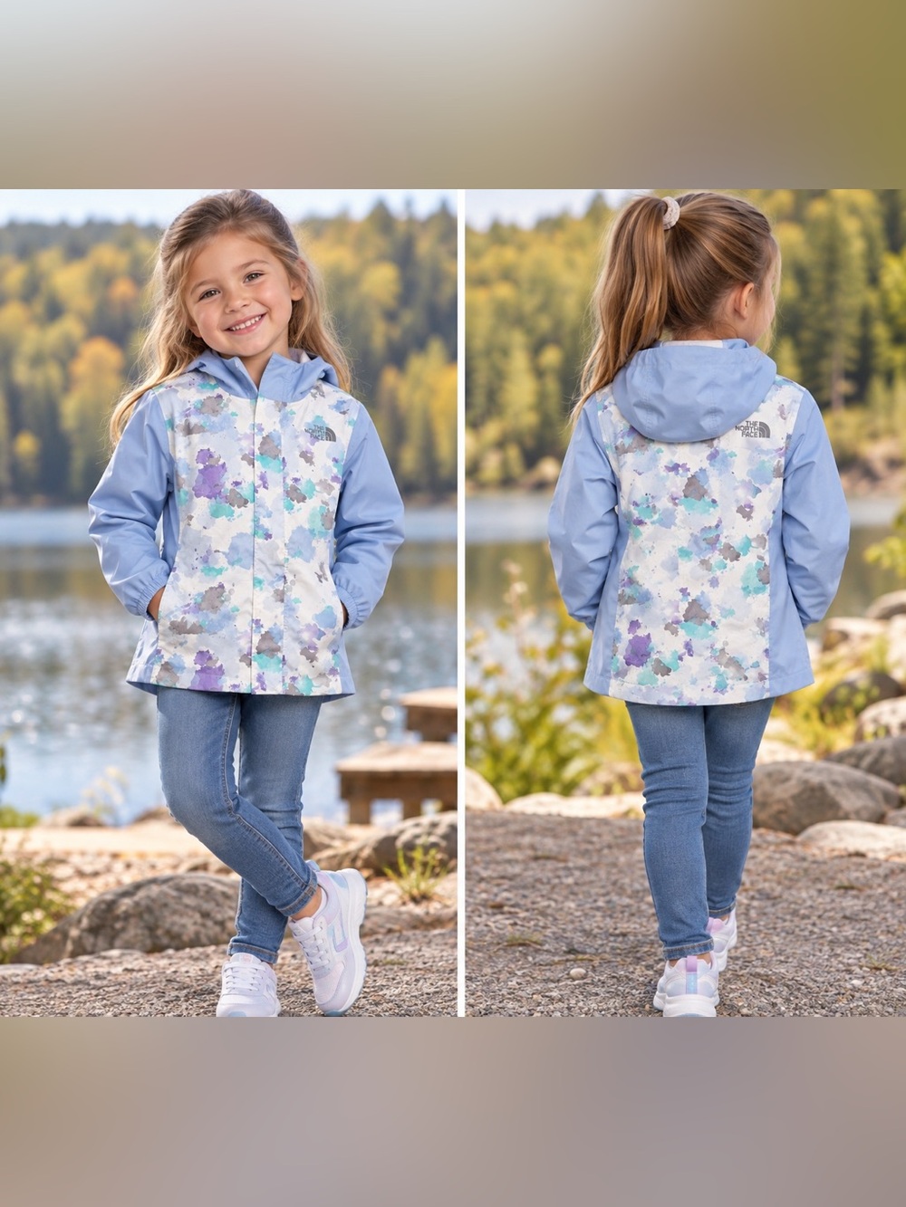 The North Face Size 6 Light Blue Girls' Hooded Rain Jacket with Pastel Print